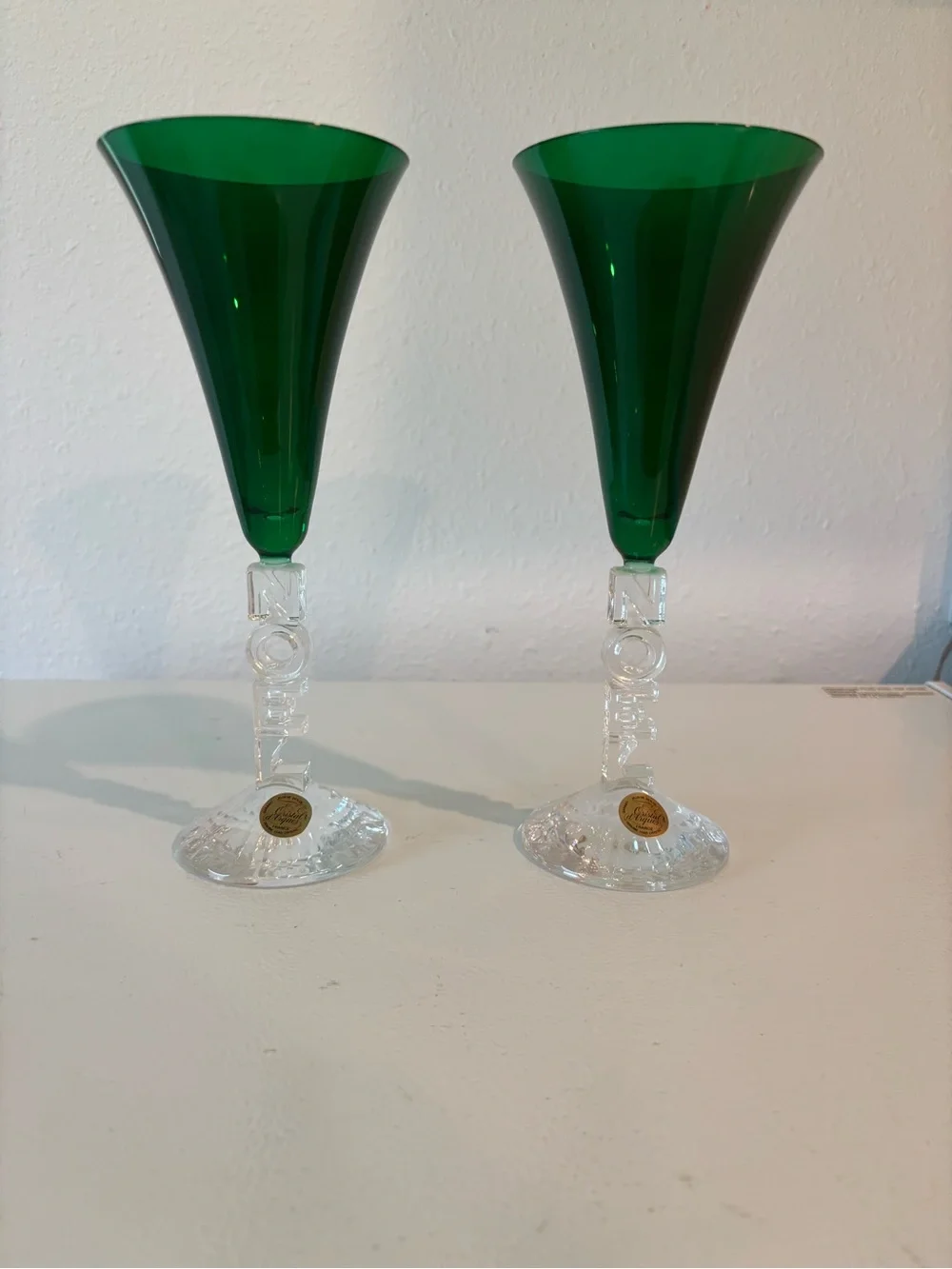 Emerald Green Crystal Flute Pair - Decorative Glass Accent